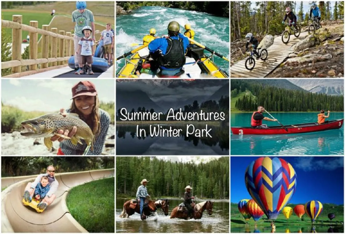 A panoramic outdoor view with families enjoying a wide range of activities: whitewater rafting, biking along mountain trails, fishing, kayaking, horseback riding, and colorful hot air balloons floating against a scenic landscape. The mood is lively and joyful, reflecting boundless adventure in nature.