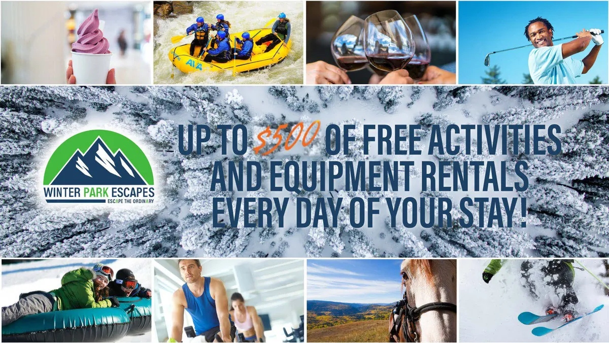 A vibrant collage-style exterior image depicting a variety of outdoor adventure activities, including white-water rafting, wine tasting, golfing, skiing, snow tubing, horseback riding, ice skating, and fitness. The scene is dynamic, highlighting people participating in these activities against a mountain landscape backdrop.