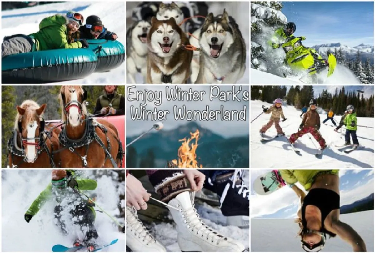 An energetic winter scene showing people snow tubing down a slope, huskies ready for dog sledding, a snowmobile in action, horses for riding, a cozy fire, skiers, ice skaters, and a snowboarder. The snowy backdrop and vibrant activities project excitement and seasonal variety.